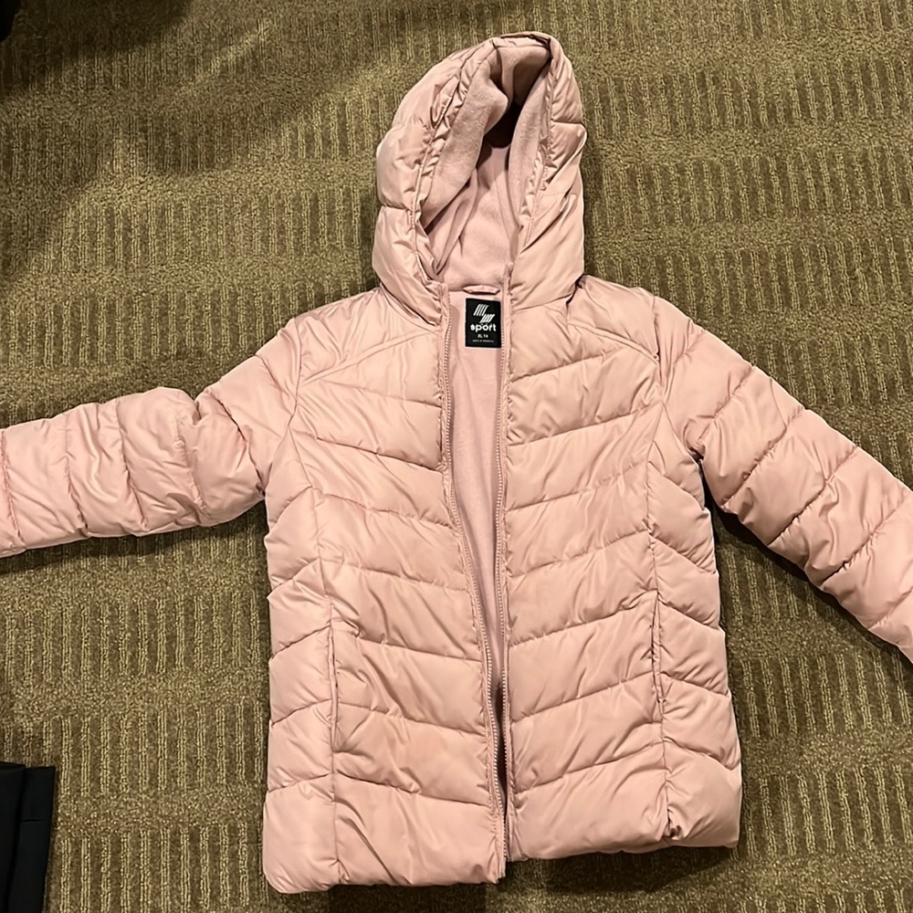 Pink hooded puffer fleece lined girls jacket - Size XL (14)